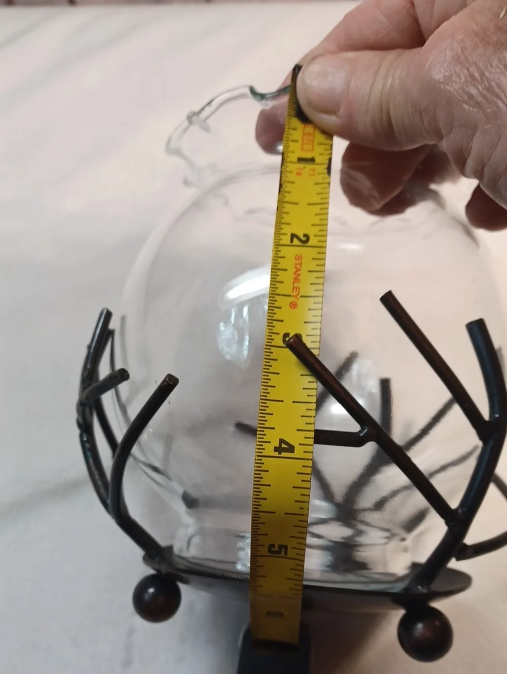Clear Ruffled Glass Hurricane Vase with Metal Twig Stand
